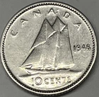 1946 Canada 10 Cents Silver Coin -  Great Example.  Free Shipping !!