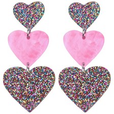 Glitter Rainbow Heart Earrings Dangle Valentine's Day Medium, rainbow