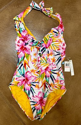 BLEU ROD BEATTIE one piece swimsuit Floral Ruffles Hawaiian size 10 NEW NWT