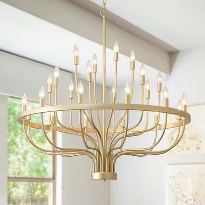 24-Light Modern Gold Candle Chandelier, 39in Farmhouse Wagon Wheel Chandelier