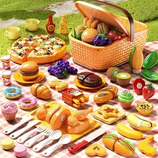 Pretend Play Food for Kids, Cutting Toy Food Set with Picnic Basket, Play Kitche