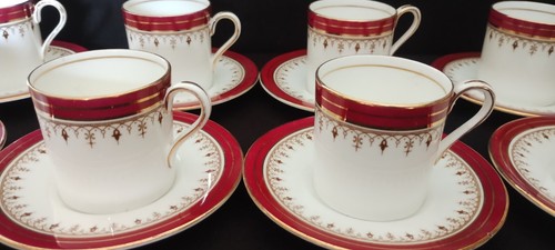 VINTAGE AYNSLEY DURHAM MAROON DEMITASSE COFFEE CUPS & SAUCERS X 8 (94)