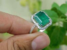 5.40 Ct Emerald Natural Emerald  Diamond Wedding Ring 925 Sterling Silver Sz 7