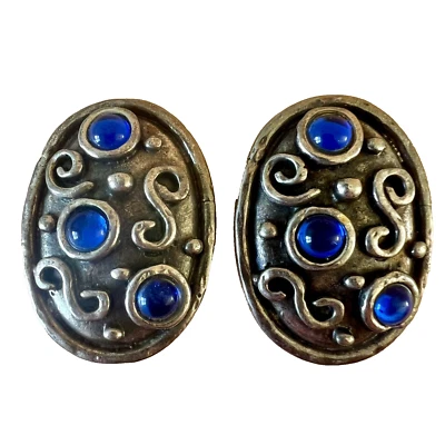 Edouard Rambaud - boucles d’oreilles clips vintage - métal argenté et cabochons - Photo 1/4