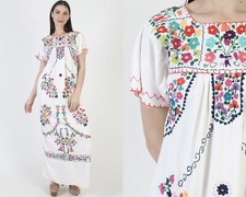 Long White Cotton Mexican Dress Hand Embroidered Ethnic Fiesta Puebla Sundress