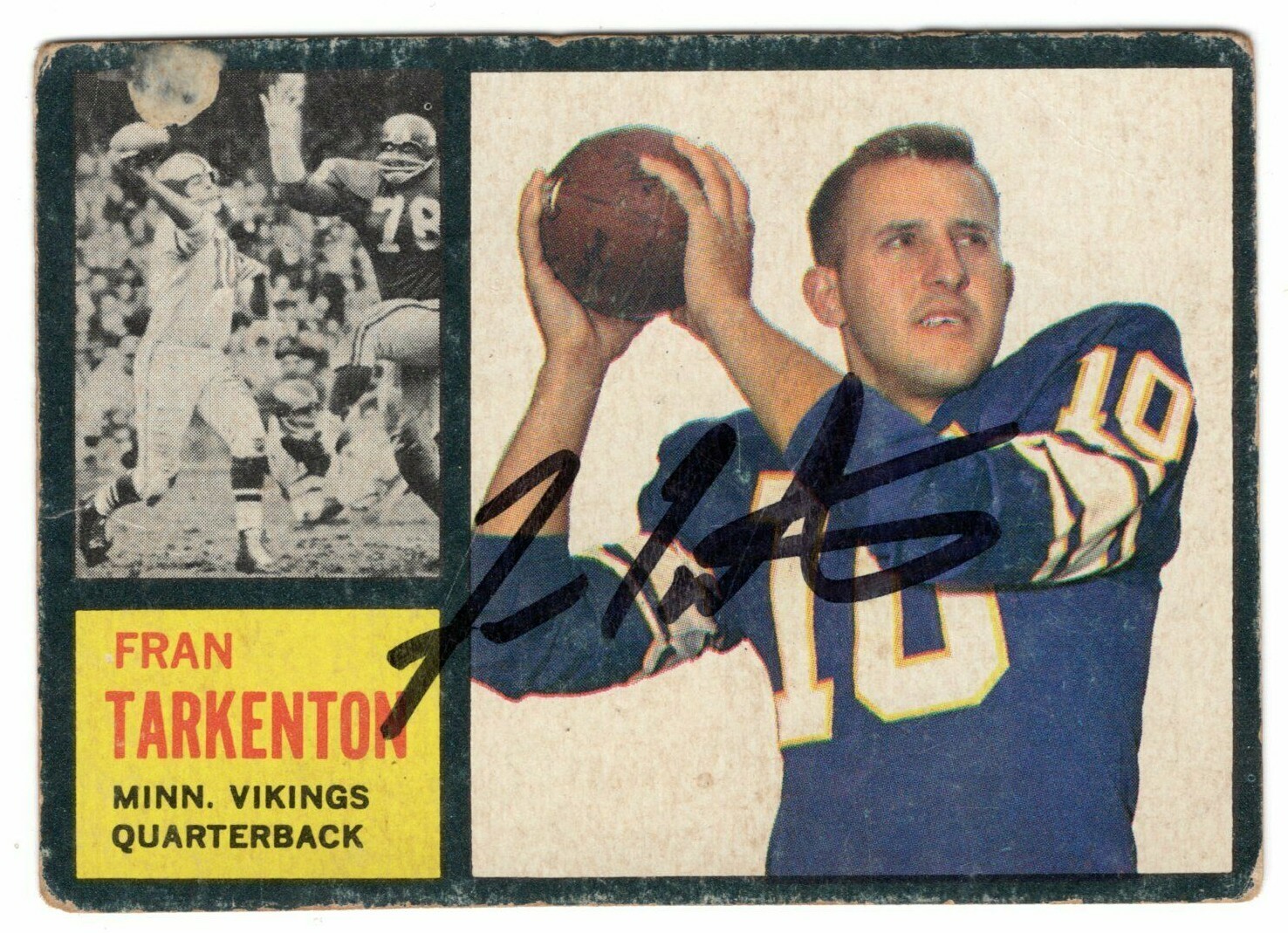 1962 Topps Fran Tarkenton Autografiada Carta Rookie RC Vikingos Giants Hof 1962 Topps Fran Tarkenton Autografiada Carta Rookie RC Vikingos Giants Hof