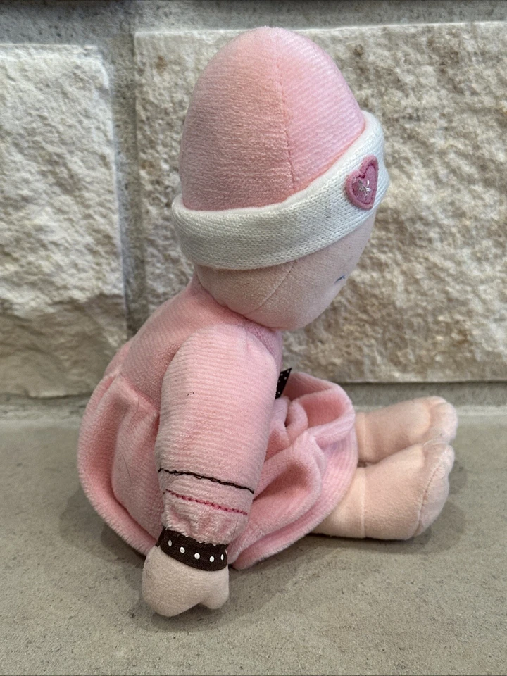 UU) Muñeca bebé Carter rosa blanco vestido sombrero pelo rubio marrón moño felpa sonajero Foto 4 de 4