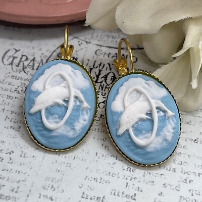 Bright Gold Black Dolphin Sea Life  Birthday gift Beach Earrings Cameo Festival