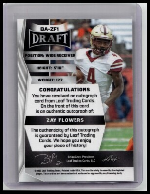 2023 Leaf Draft #BA-ZF1 Zay Flowers Autographs Red | eBay