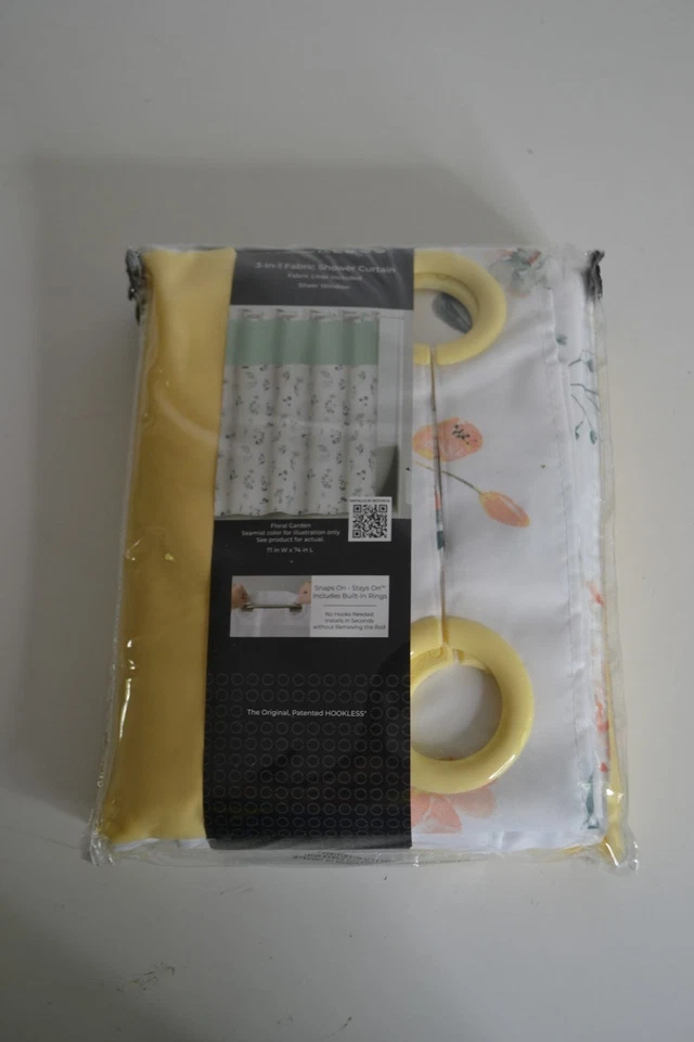 Занавеска для душа без крючка, 3 в 1, с тканевой подкладкой, цветочный сад - Изображение 2 из 4