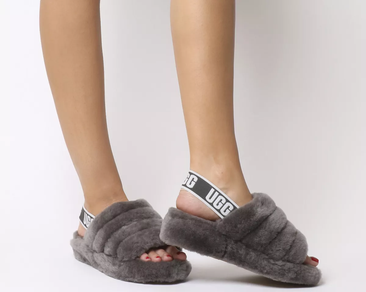 UGG FLUFF YEAH SHEARING SLINGBACK SANDALS SLIPPERS CHARCOAL WOMEN&#039;S SZ 6 | eBay