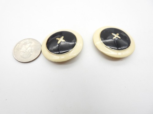 Black Cream Enamel Gold Tone Metal Button Clip On Earrings Vintage - Picture 3 of 5