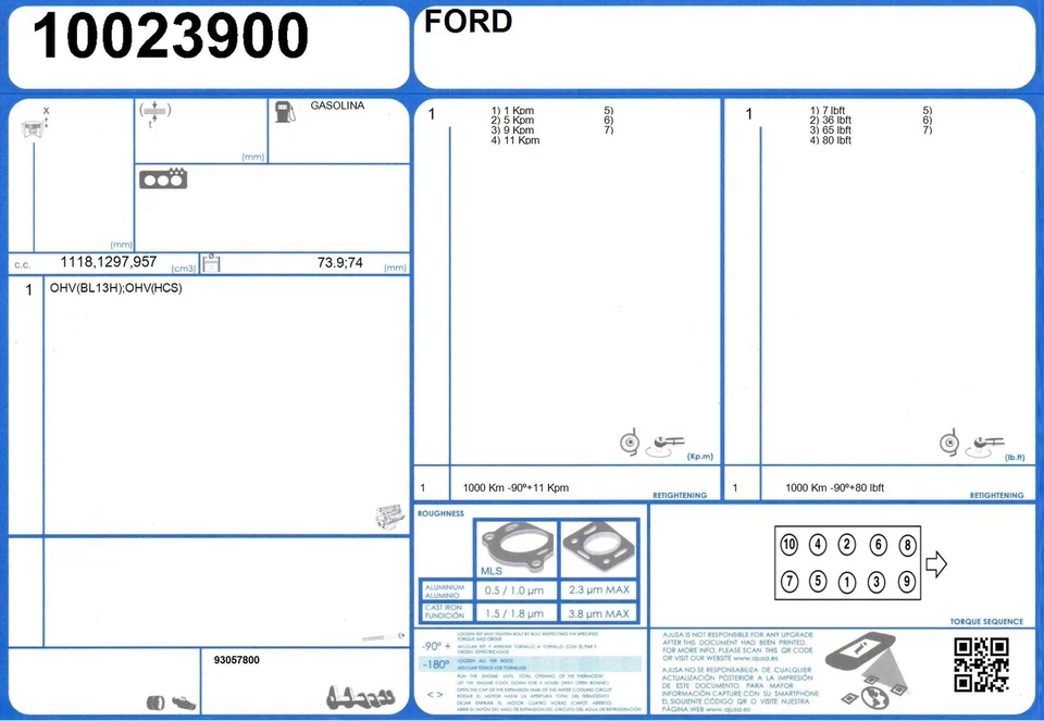 Juego completo de juntas de reconstrucción de motor FORD FIESTA 1.1 53 OHV (HCS) (5/1976-8/1988) Foto 2 de 2