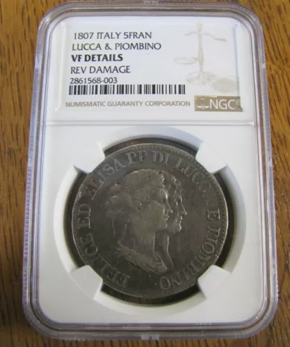 1807 ITALY  Lucca & Piombino 5 Franchi SILVER  NGC VF DETAILS KM# 24.3