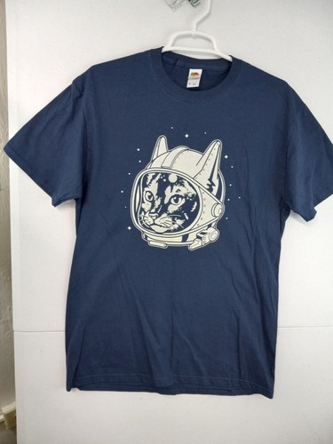 Space Cat T-Shirt Astronaut Kitten Adult Medium Navy Blue Short Sleeve NEW