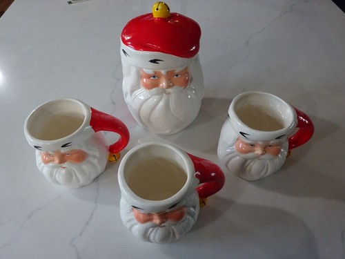 5 pc Vintage Classic Santa Claus Cookie Jar w/Lid & Mugs Christmas Decor Pottery - Picture 8 of 14