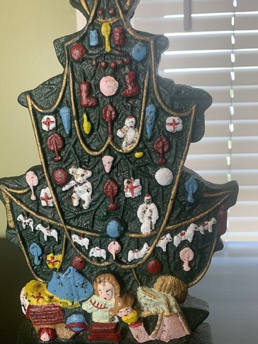 Vintage Christmas Doorstop Heavy Cast Iron Holiday Tree Green Painted Stopper - Picture 3 of 6