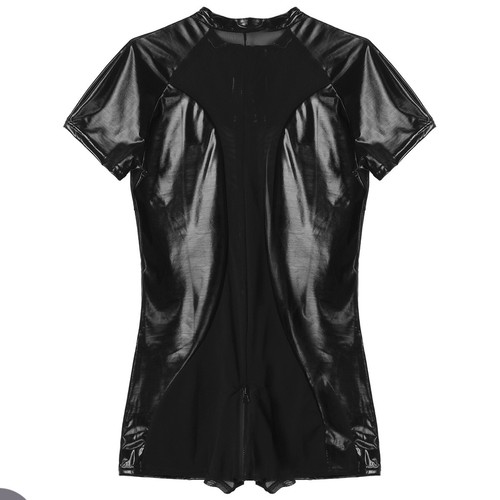 Herren Body Leder-Optik Mesh Kurzarm Bodysuit Jumpsuit mit Reißverschluss Sexy - Bild 8 von 12
