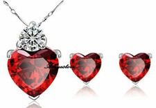 Sterling Silver Heart Red Cubic Zircon Pendant Necklace Earrings Set Gift K65