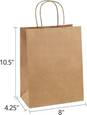 NEW 100 pcs  8 Inch kraft Paper Gift Bags  with Handles Holiday Wedding Birthday