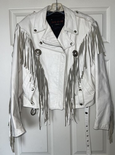 Vintage Schott NYC DUROJAC Jacke Damen Größe 12 weiß Leder Fransen