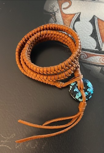 Sundance Cowgirl Artisan Real Turquoise & Woven Brown Leather Bracelet/Necklace