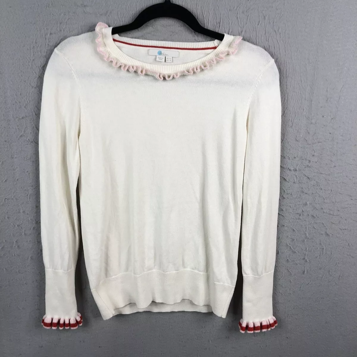 Boden Sweater Womens 8 Cream Wool Blend Ruffle Hem Cuff Accents Bernadette