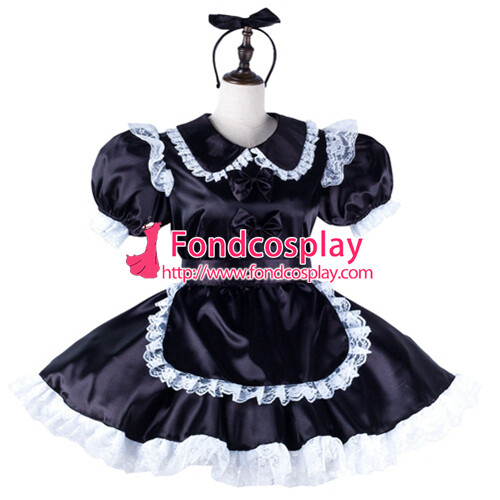 Sissy Maid Black Satin Lockable Dress Cosplay Costume - Picture 9 of 15