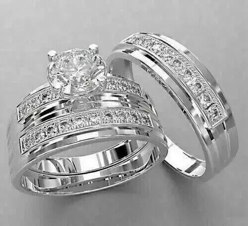 2CTRound Lab Created Diamond His/Her Trio Wedding Ring Set 14K White Gold Plated - Picture 1 of 3