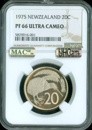 1975 New Zealand 20 Cents NGC PF66 Ultra Cameo Quality