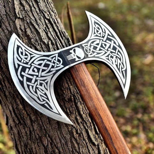 Handmade Carbon Steel Double Headed Axe With Leather Sheath, Viking Gift Axe - Picture 5 of 7