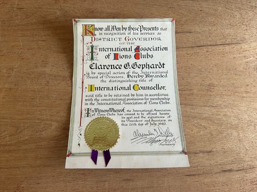Lions Club International Counsellor Award Zertifikat 1940 Vintage signiert Gephardt