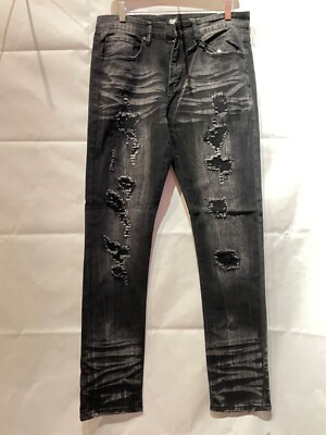 #ad #ad Men#x27;s Bleeker Bleeker Distressed Jeans with Rips BLACK BLACK ACID WASH JM1299 $36.99