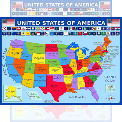 United States Map with State Flags Poster - Laminated 14X19.5 In. - Educational 