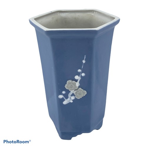Hexagon Blue Porcelain Vase Stamped Applied Flower Dribble Glazed Design - Picture 3 of 9