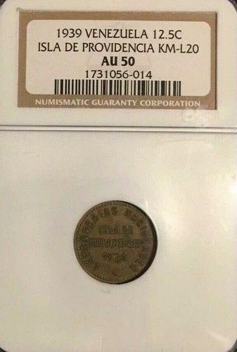 1939 Venezuela 12 1/2 Centimos Coin NGC AU 50 Isla de Providencia
