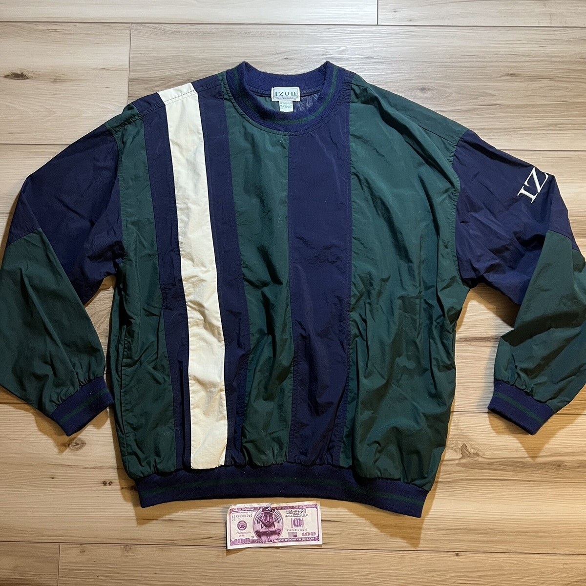 Vintage Izod Windbreaker Jacket Mens Size L Blue Green Pullover Golf Nylon