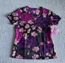 Koi Betsey Johnson Scrub Top Women  s Sz Medium Playful Patchwork Purple Nursing