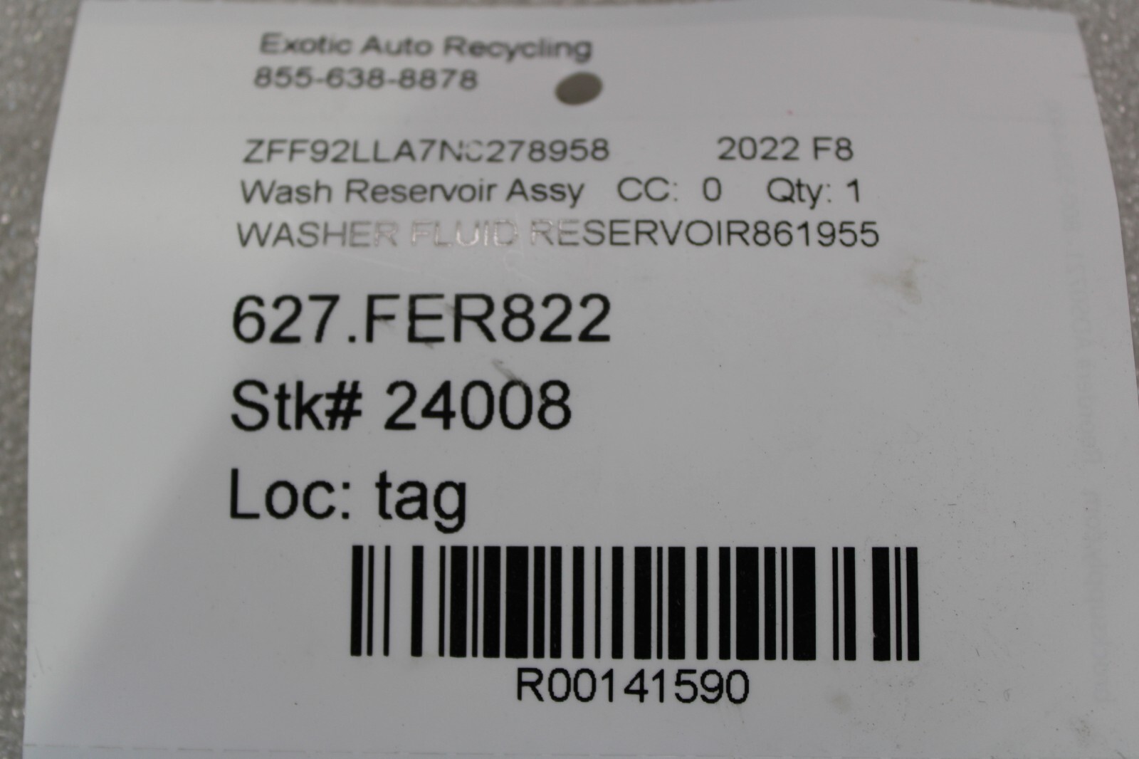 Ferrari F8 Tributo, Wash Reservoir, Used, P/N 861955