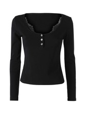 Solada Maglietta donna in cotone a maniche lunghe con dettaglio di pizzo - nero