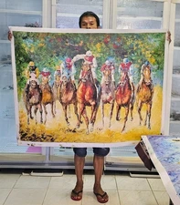 Hand painted on canvas derby horse racing signed by artist