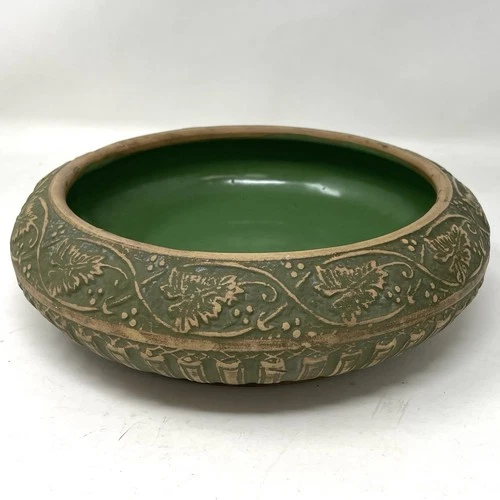Red Wing Union Stoneware Bulb Bowl Brushware Green Leaves Arts & Crafts Mission
