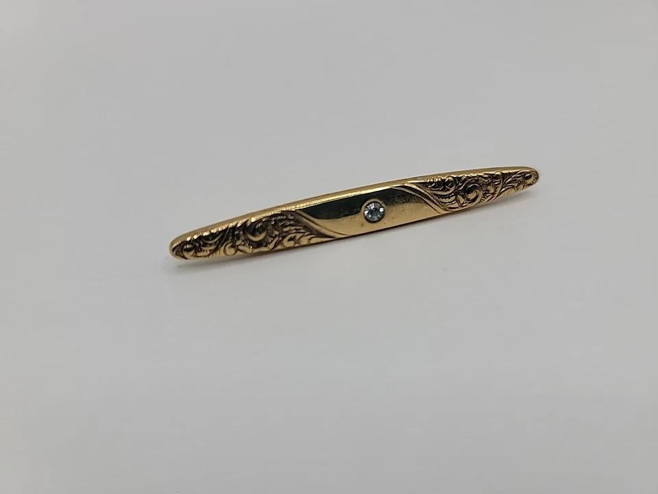 Vintage Avon Brooch Pin Bar Gold Tone Embossed White Crystal Jewelry Costume - Image 3 of 4