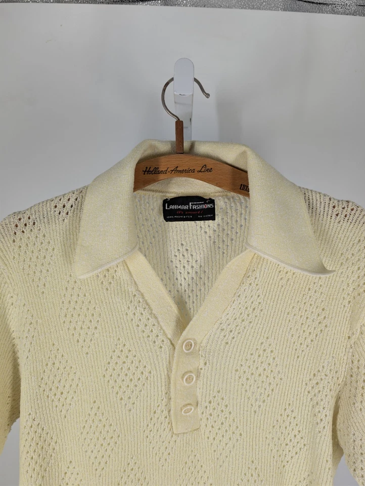 Vintage 1970s Italian Knit Disco Collar Polo Geometric Shirt Large Mod Yellow - Image 4 of 4