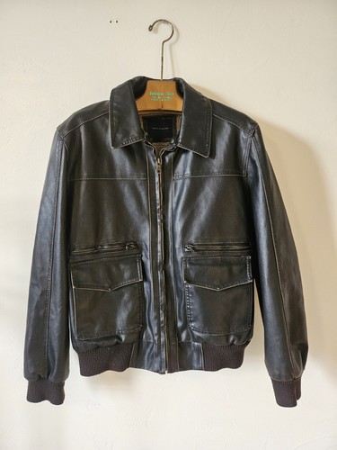 Tommy Hilfiger Jacket Bomber Zip Collar Mens Size L Distressed Faux Leather - Picture 1 of 14