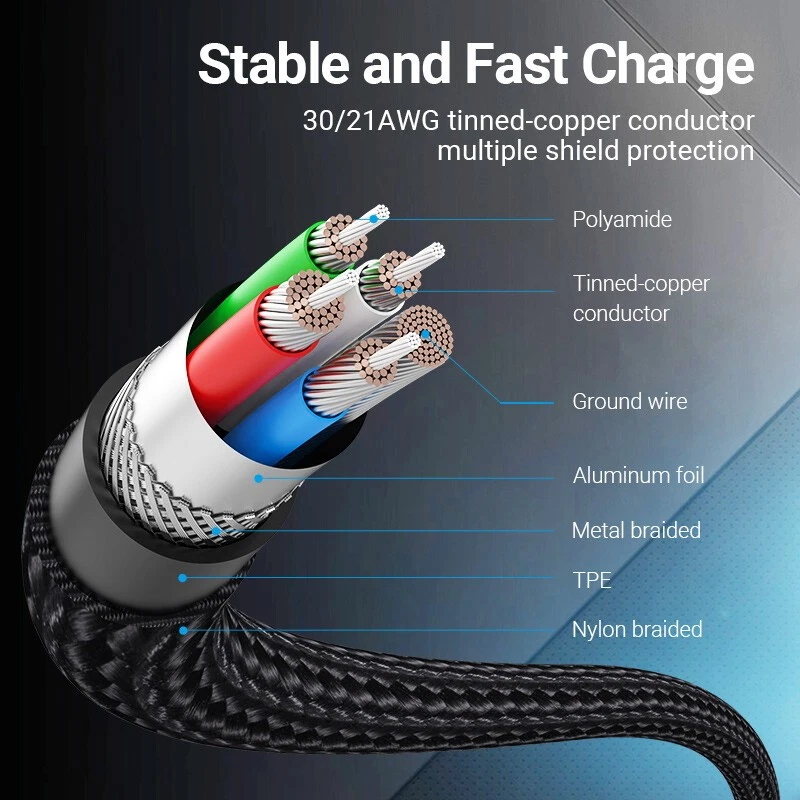 Strong Nylon Braided USB Type C Lead Quick Fast Charging Data Charger Cable 60W - Image 4 of 4