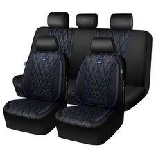 Piping Luxury Leather Seat Covers,5 Seats Anti-Slip Full Set Blue and Black