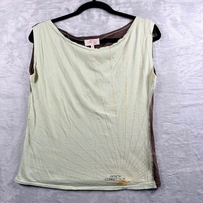 French Connection Green Brown T-Shirt w/Gold Line Detail Women's M 100% Cotton