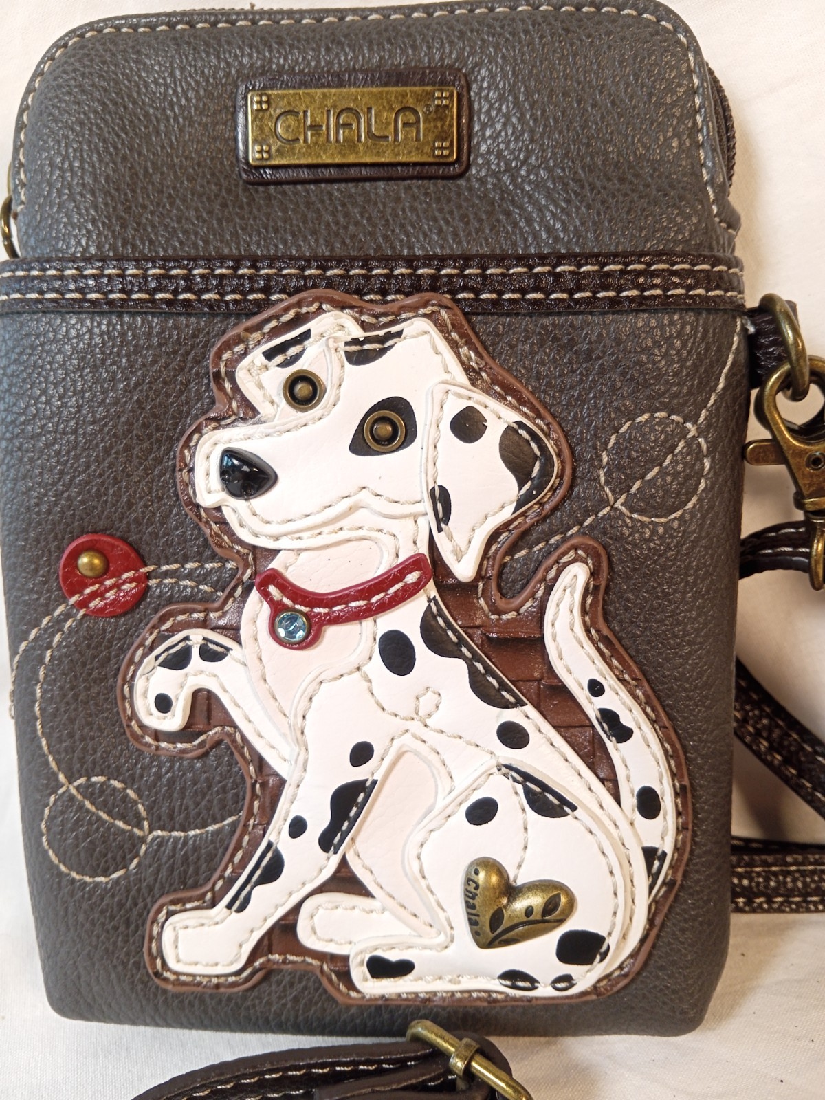 Chala Dalmatian Dog Crossbody Cell Phone Purse Brown Vegan Leather Bag Charm