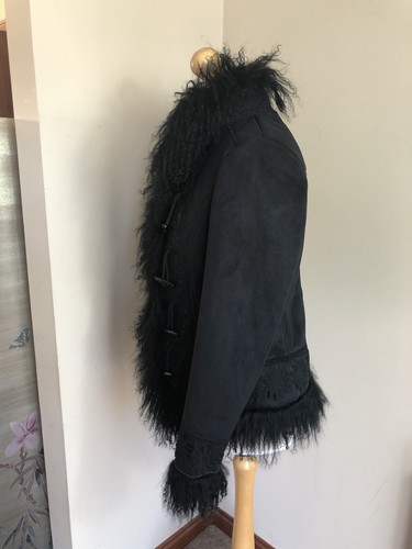 Y2K Size 8 Suede Real Mongolian fur sheepskin floral lace Afghan Penny Lane Coat - Picture 12 of 14